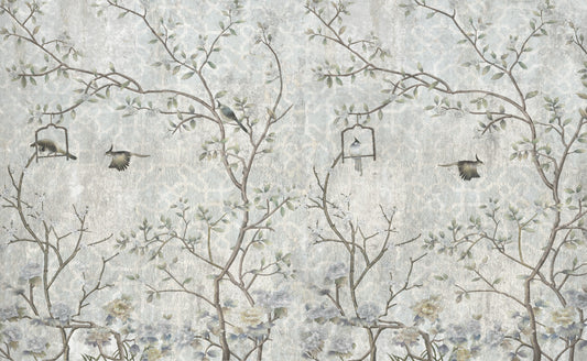 Birds and branches on grunge grey background
