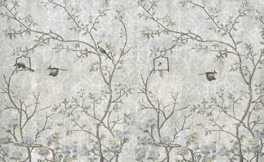 Birds and branches on grunge grey background