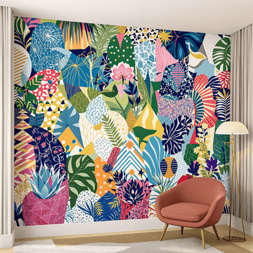 A vibrant wallpaper mural featuring geometric patterns and botanical prints, enhancing a stylish interior wall with a luxurious and creative atmosphere.