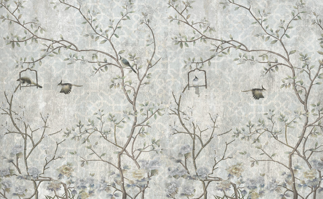 Birds and branches on grunge grey background