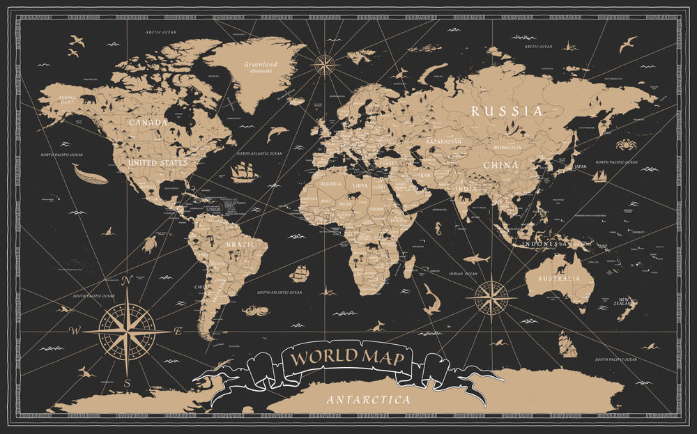World Map Vintage Black Golden Wall Mural
