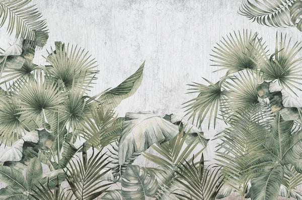 Tropical trees and leaves in foggy forest wallpaper