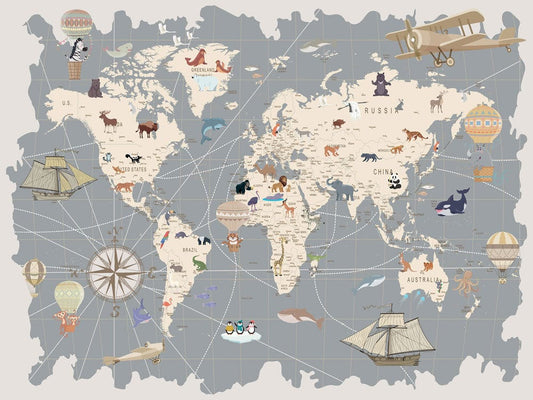 Gray Nautical Map Wall Murals