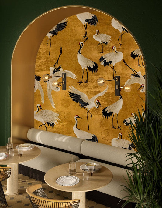 Golden Elegant Cranes Wall Murals