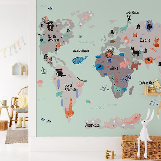 Grey Animal Map Wall Murals